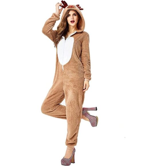 Reindeer Women Pajamas Fleece Christmas Costumes Onesie Party Jumpsuit Size L - Picture 4 of 6